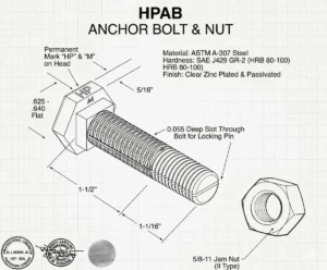 Engineering blueprint diagram of an HPAB anchor bolt and matching jam nut assembly for mobile home setups.