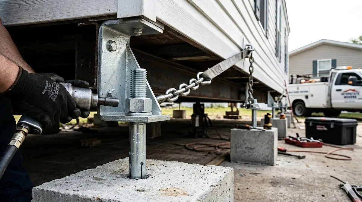 Professional installer securing a mobile home anchoring system using heavy-duty bolts, stabilization brackets, and tie-down chains.