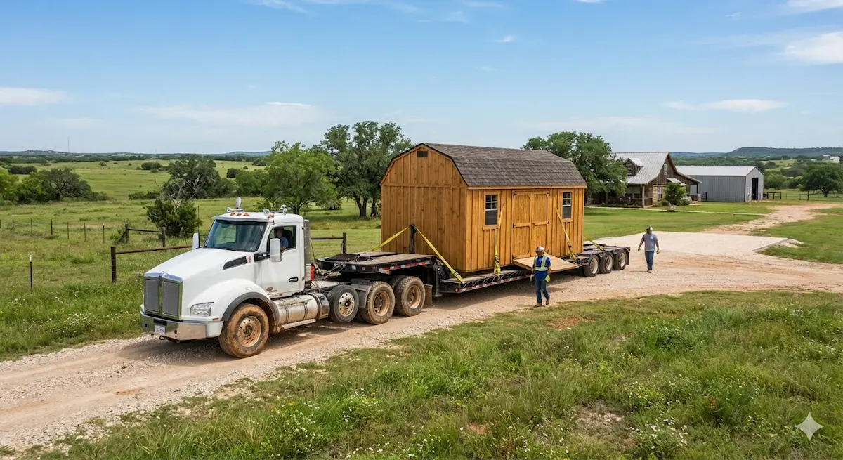 Professional shed moving with flatbed truck