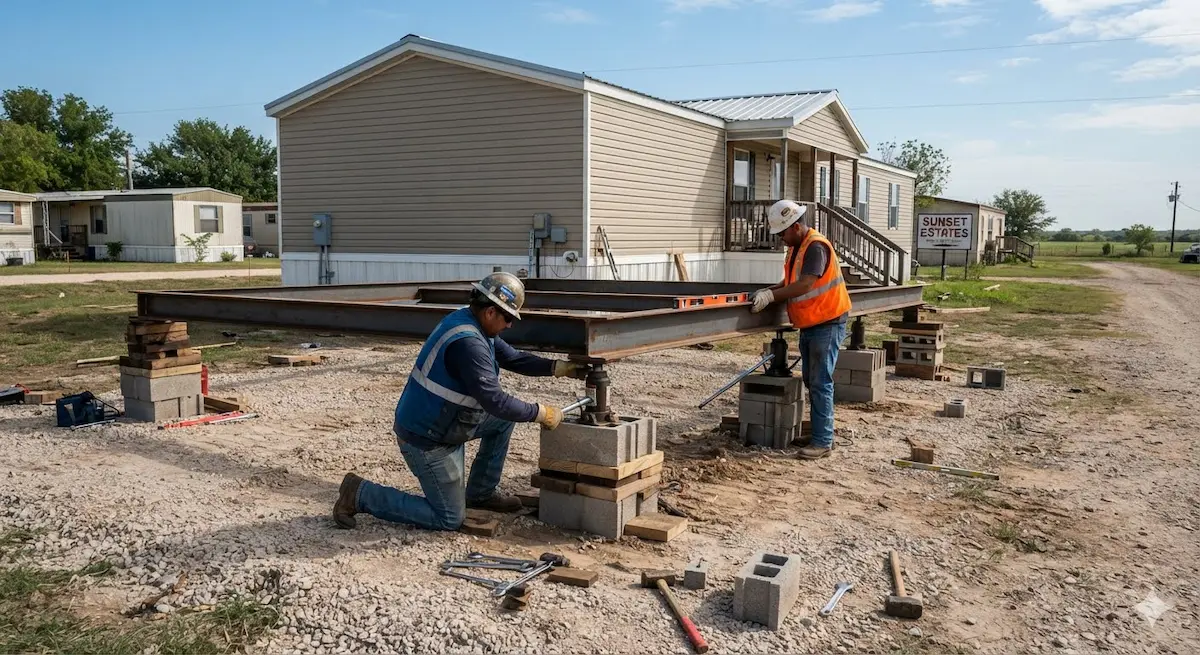 Mobile home leveling with hydraulic jacks under a manufactured home