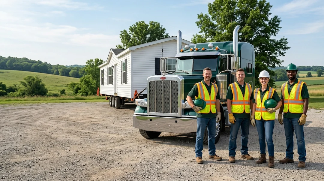 Illustration of a mobile home moving crew beside a green heavy-duty truck and manufactured home